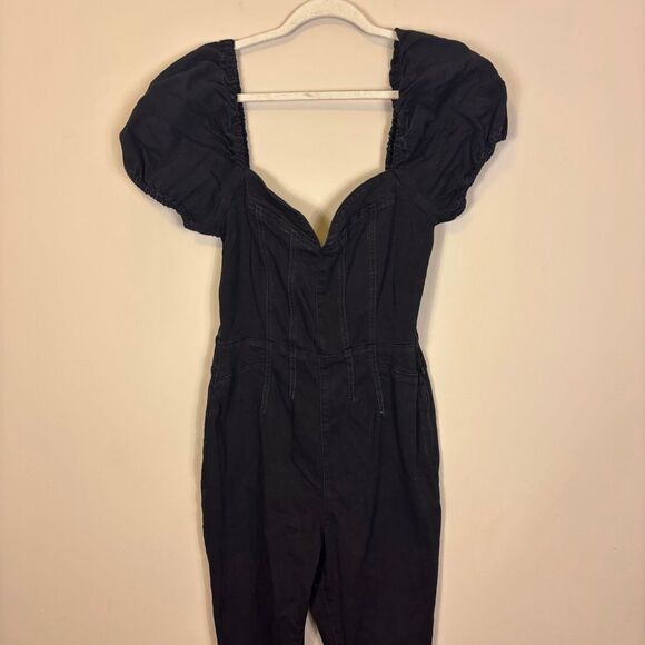 We The Free Free People Black Short Sleeve Sweetheart Neckline Denim Jumpsuit Si - Picture 3 of 9